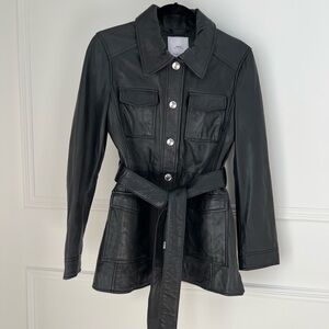 Mango Black Leather Button-Front Belted Jacket